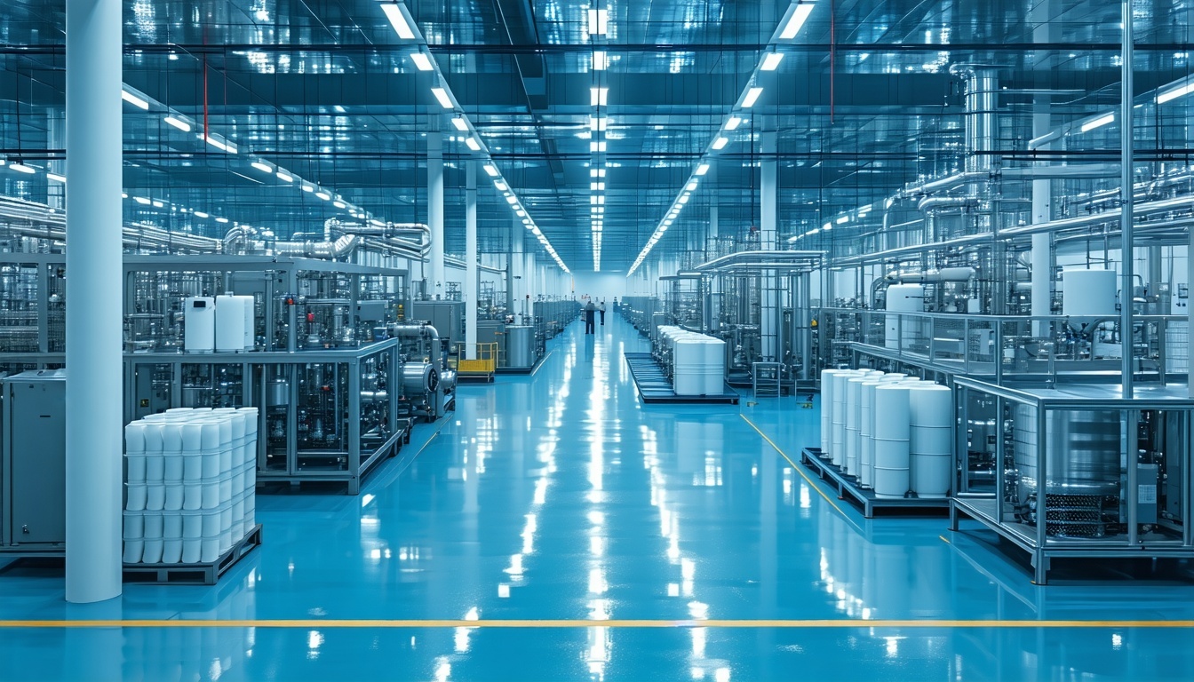 A highresolution image of a modern plastic industry With soft blue ambient lighting clean and bright industrial environment high contrast and sharp details Clear visibility cooltoned color palette and a crisp modern aesthetic Photorealistic style no